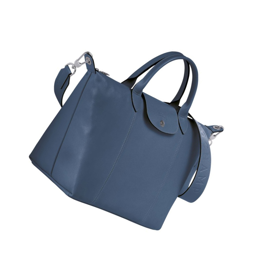 Női Longchamp Le Pliage Cuir M Kézitáska Kék | HU-IAO6098