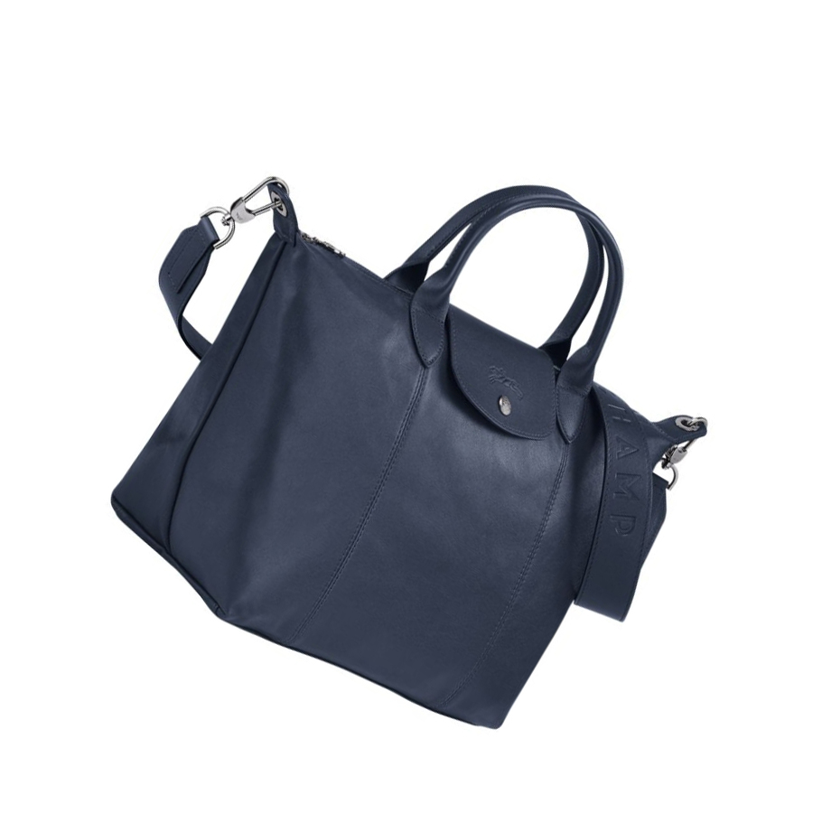 Női Longchamp Le Pliage Cuir M Kézitáska Sötétkék | HU-THL7459