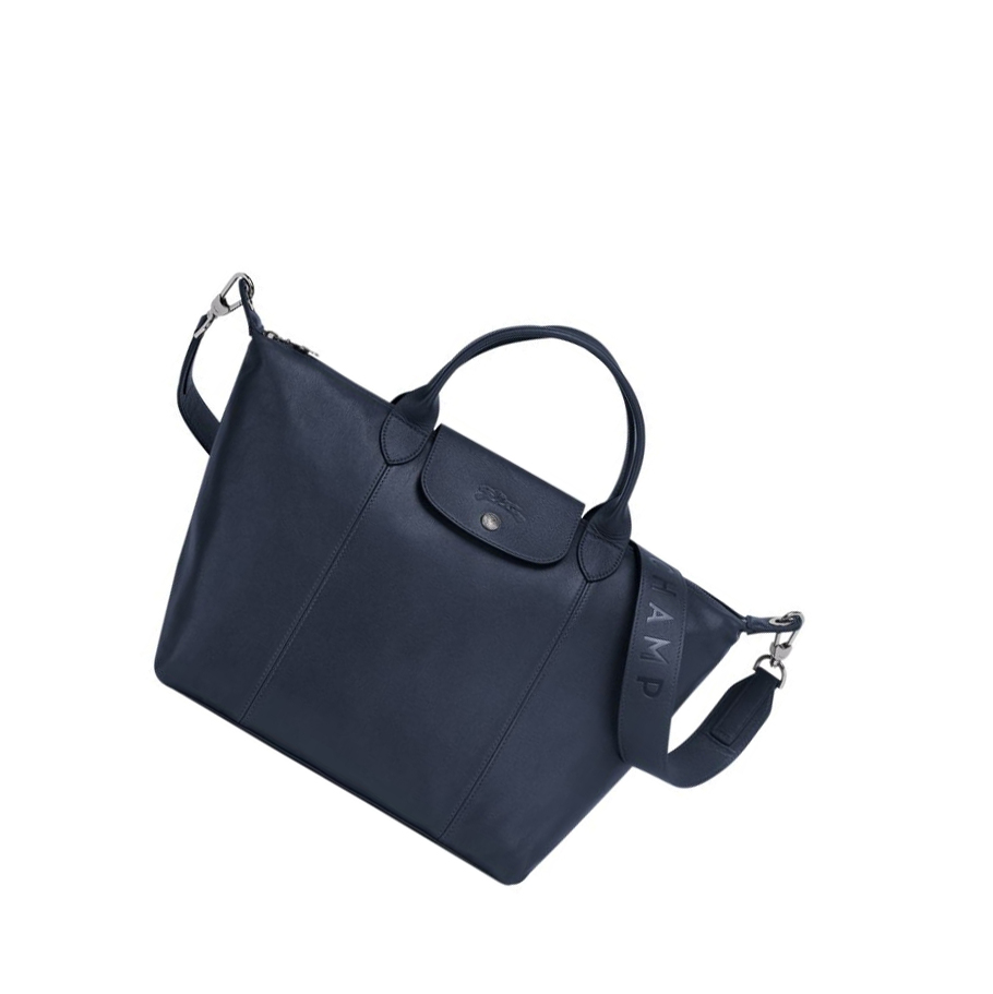 Női Longchamp Le Pliage Cuir M Kézitáska Sötétkék | HU-THL7459